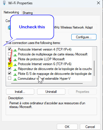 Uncheck IPv6